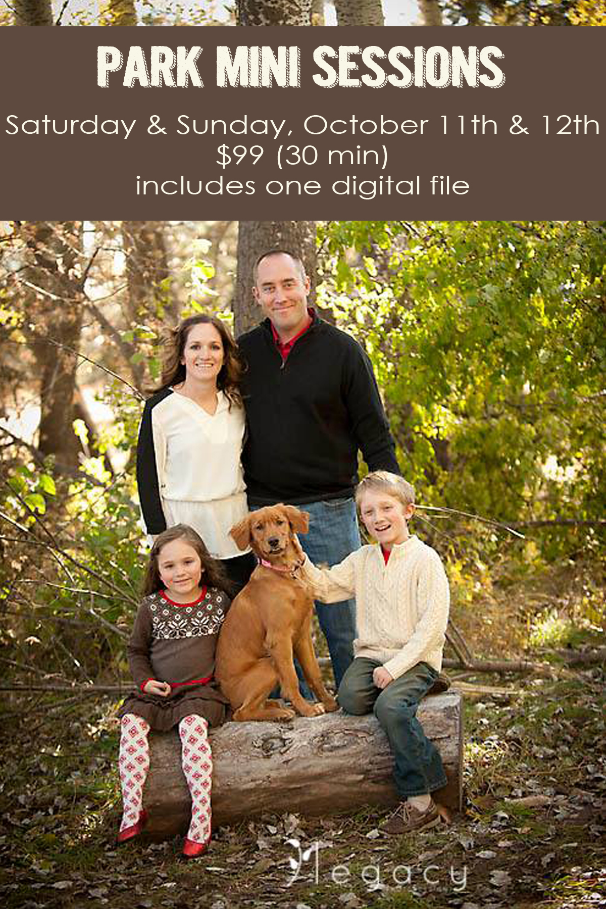 Park Mini Sessions | Saturday & Sunday, October 11th & 12th | $99 (30 min) includes one digital file. 
